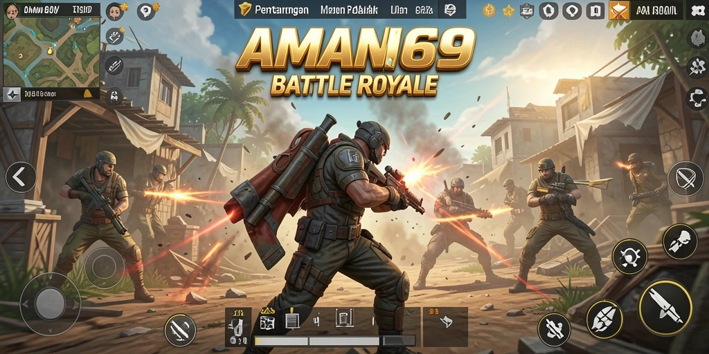 Tampilan aksi seru dalam gameplay Battle Royale AMAN69.