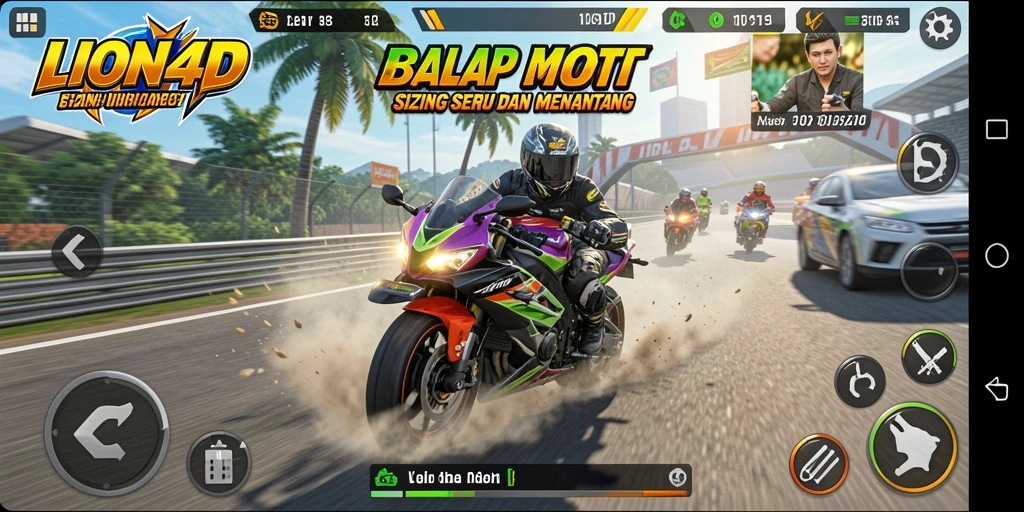 Tangkapan layar gameplay LION4D dengan aksi balap motor yang seru.