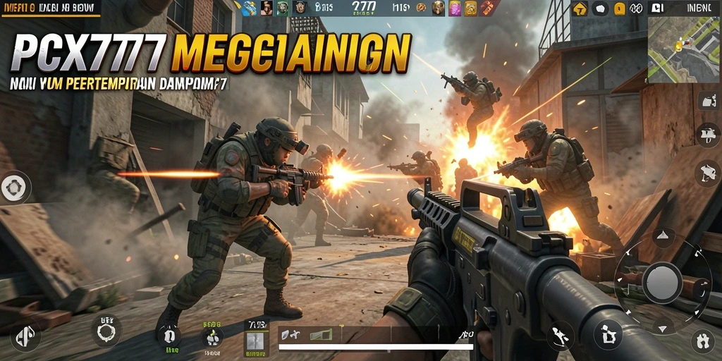 Screenshot utama menampilkan aksi dinamis dalam gameplay FPS PCX777.