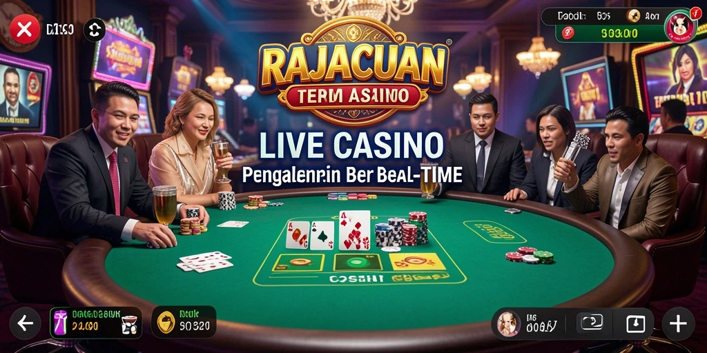 Screenshot gameplay RAJACUAN dengan dealer langsung di meja permainan.