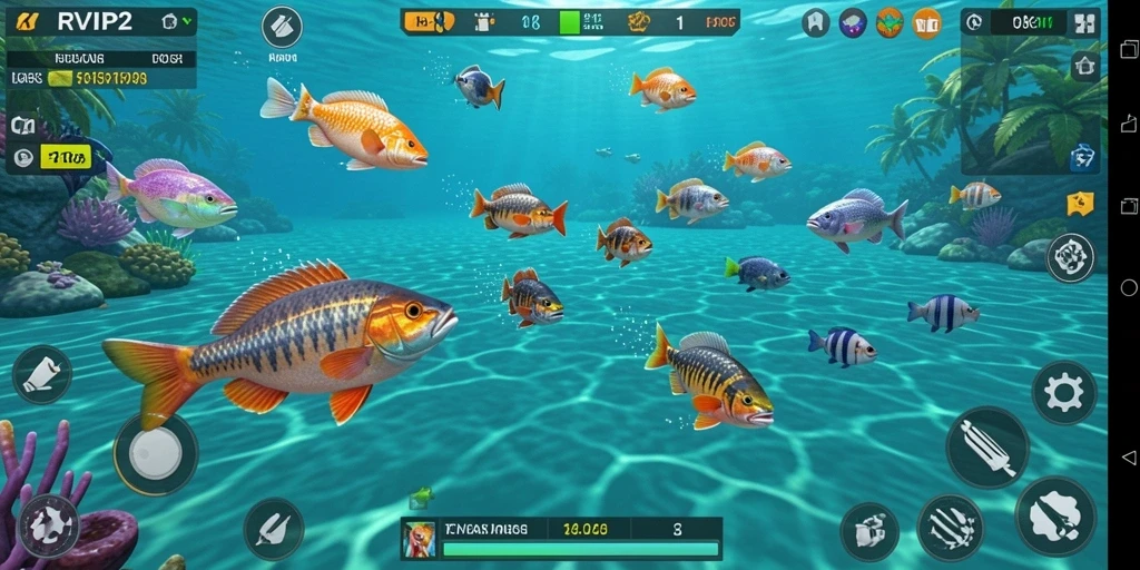 Tangkapan layar RVIP2 dengan gameplay menembak ikan yang seru.